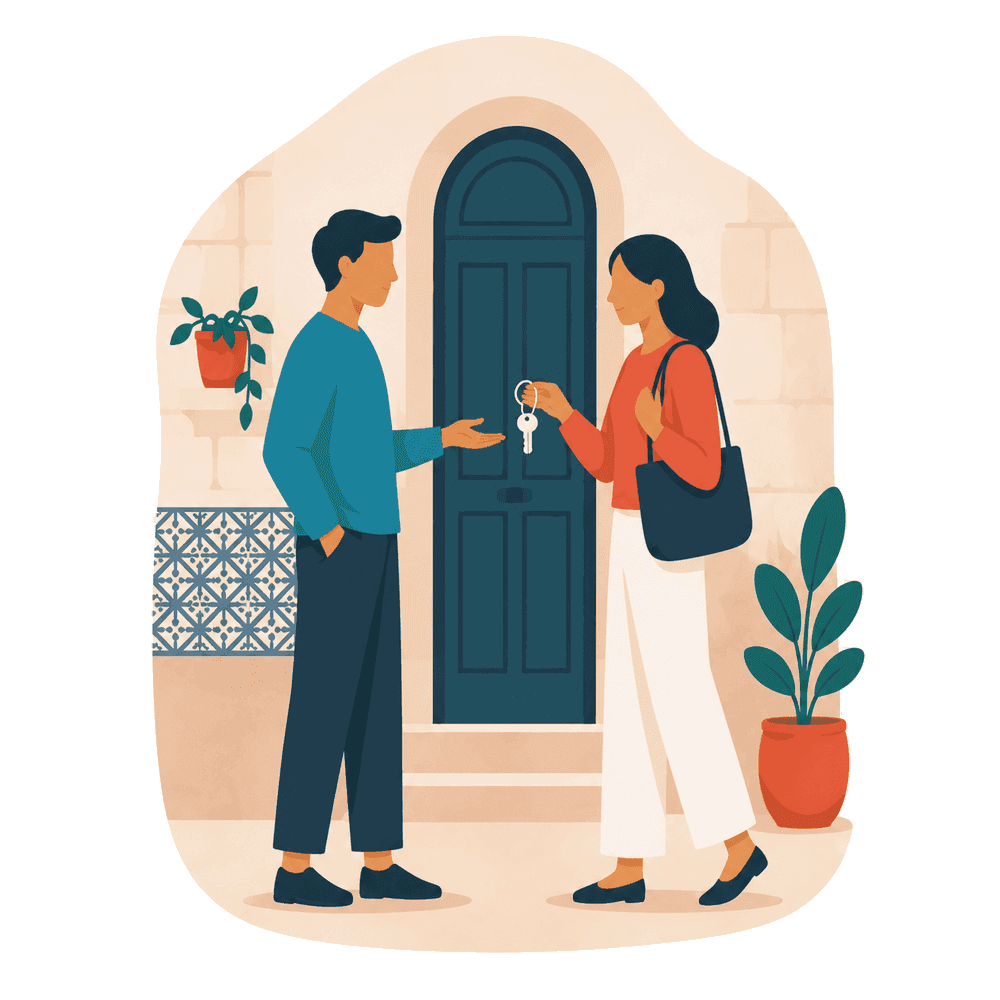 A LOFTZ host handing over the keys to a new tenant in front of a Lisbon townhouse